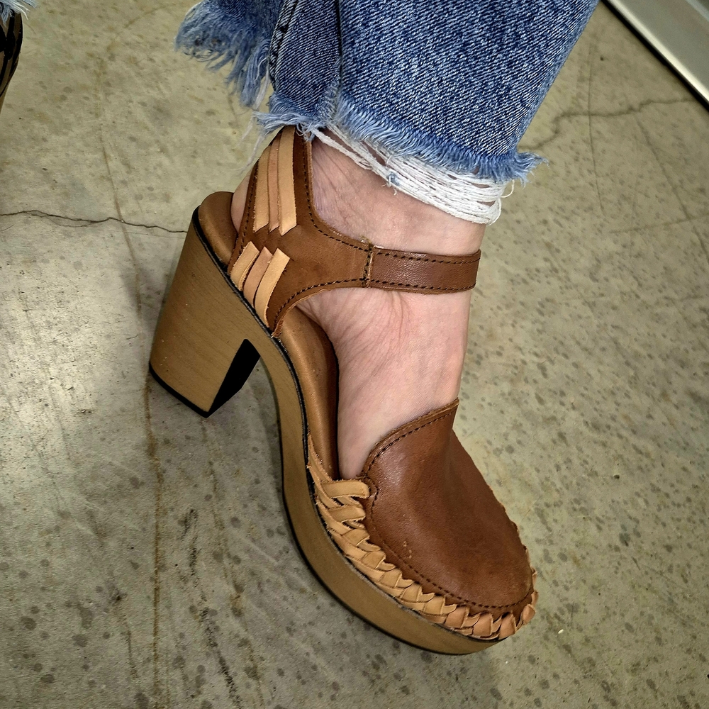Woven Leather Block Heel Sandals - Women's Brown Heels - Picture 2 of 8